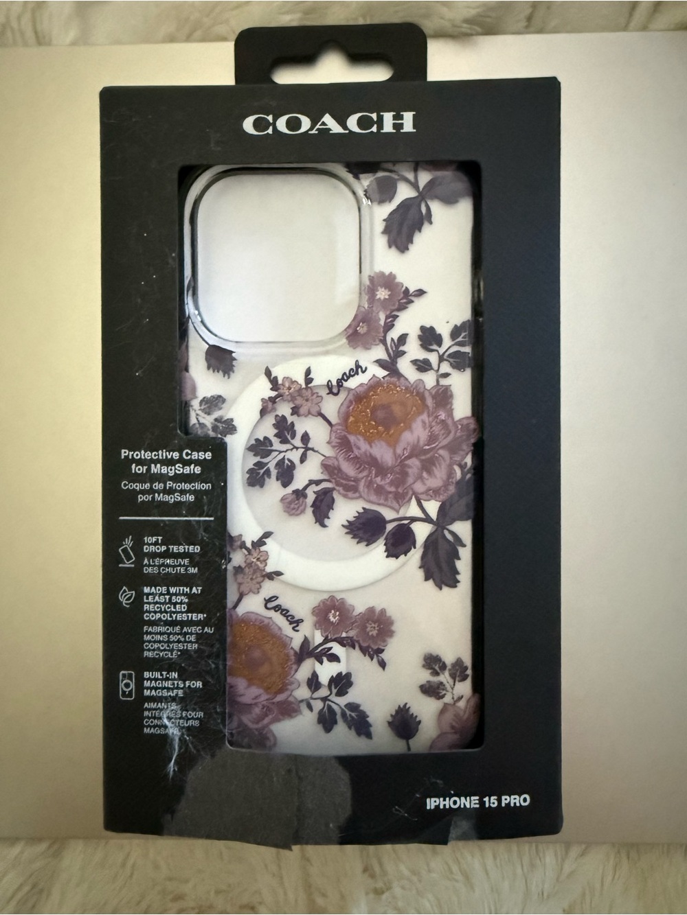 COACH Floral MagSafe Case for iPhone 15 Pro — White with Purple Floral Accents